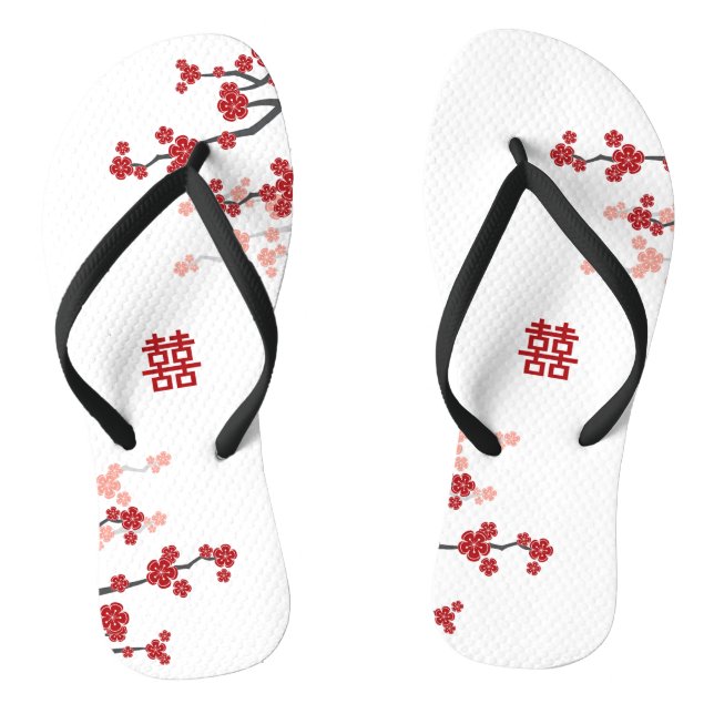 Red Cherry Blossoms Double Xi Chic Chinesische Hoc Flip Flops (Fußbett)