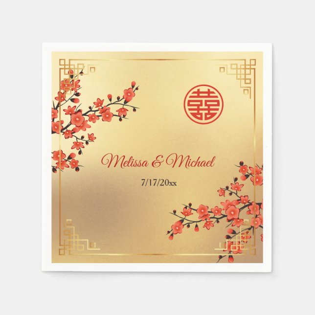   Red Cherry Blossoms Gold Chinese Wedding Custom Serviette (Vorderseite)