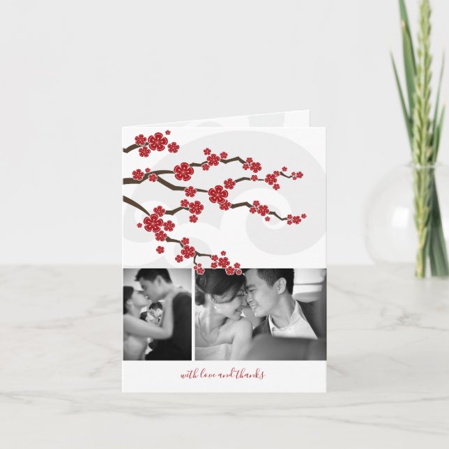 Red Cherry Blossoms & Spiral 2 Foto Asiatische Hoc Dankeskarte (Vorderseite)