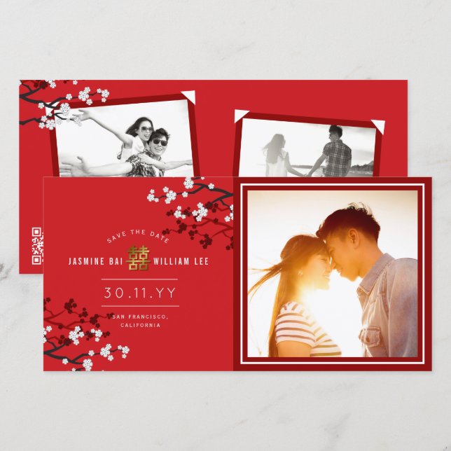 Red Cherry blüht chinesisches Double Happy Foto Save The Date (Vorne/Hinten)