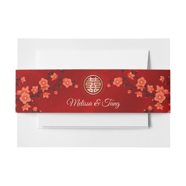 Red Cherry Blüten Gold Chinesisch Hochzeit Custom Einladungsbanderole (Vorderseite Beispiel)