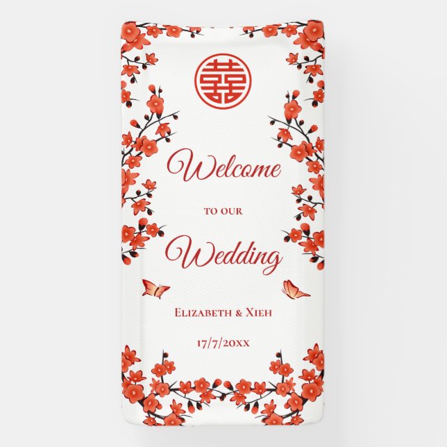 Red Cherry Blüten Weiße Chinesische Hochzeit Banner (Vertikal)