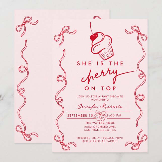 Red Cherry Cupcake Pink Girl Baby Dusche Einladung (Vorne/Hinten)