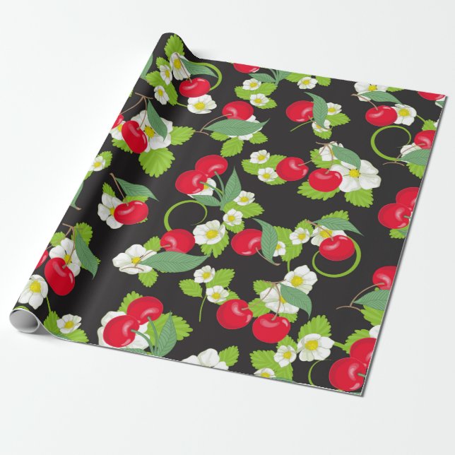 Red Cherry Frucht Green Blätter Hübsch Weiße Blume Geschenkpapier (Ungerollt)