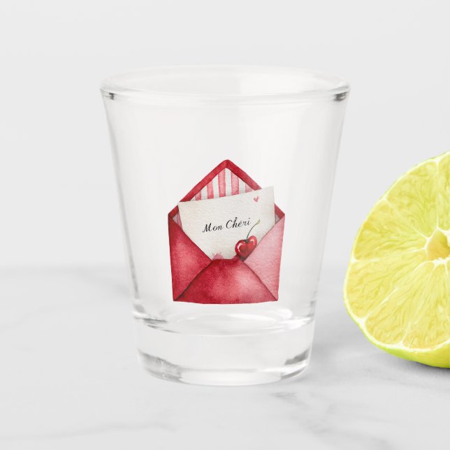 Red Cherry Heart Envelope Valentine's Day Schnapsglas (Vorderseite)