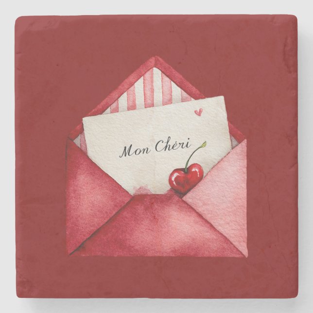 Red Cherry Heart Envelope Valentine's Day Steinuntersetzer (Vorderseite)