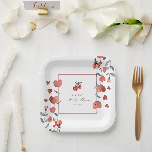 Red Cherry Heart Floral Baby Dusche Pappteller (Hochzeit)