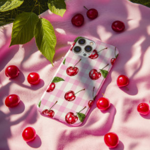 Red Cherry Pink Gingham Kariertes Muster Telefonca iPhone 14 Pro Hülle
