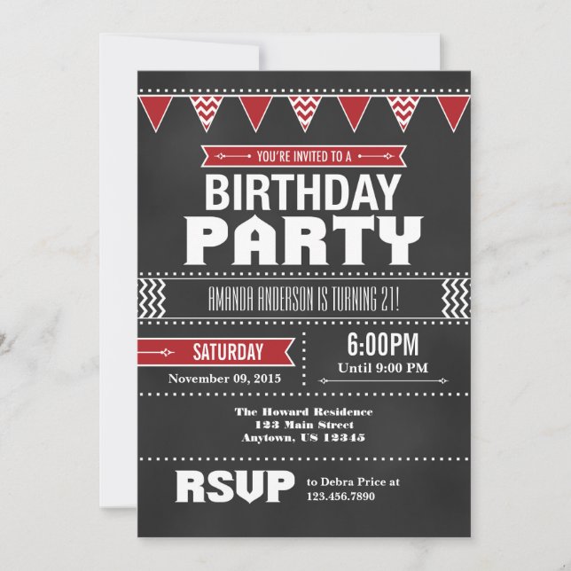 Red Chevron Chalkboard Invitation d'anniversaire (Devant)