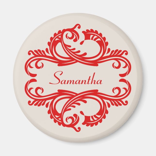 Red Chic Damask Magnet (Vorne)