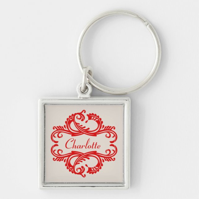 Red Chic Damask Premium Schlüsselanhänger (Vorne)