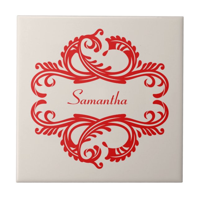 Red Chic Damask Tile Fliese (Vorderseite)