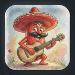 Red Chili Pepper Guitarist Pappteller<br><div class="desc">A cheerful cartoon red pepper wearing a sombrero strums a guitar,  radiating a playful and whimsical vibe</div>