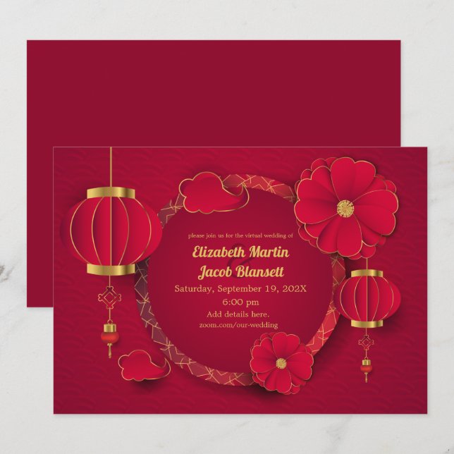 Red Chinese Lanterns & Blume Virtual Wedding Einladung (Vorne/Hinten)