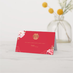 Red Chinese Wedding Peonies Double Happy Platzkarte