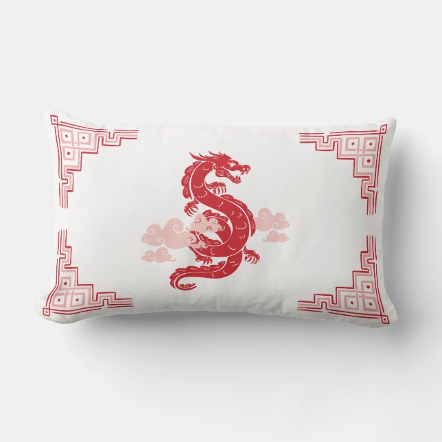 Red Chinoiserie Dragon and Clouds Lendenkissen (Vorderseite)