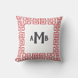 Red Chinoiserie Wide Greek Key Border Monogram Kissen