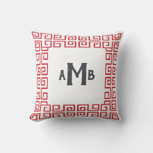 Red Chinoiserie Wide Greek Key Border Monogram Kissen