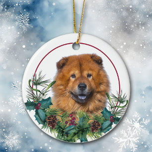 Red Chow Chow Dog Evergreen Berry Wreath Keramik Ornament