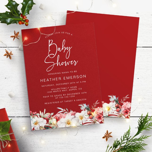 Red Christmas Baby Shower Einladung (Rustic Boho Watercolor Floral Christmas Holiday Baby Shower Invitation by Painted Paperie)