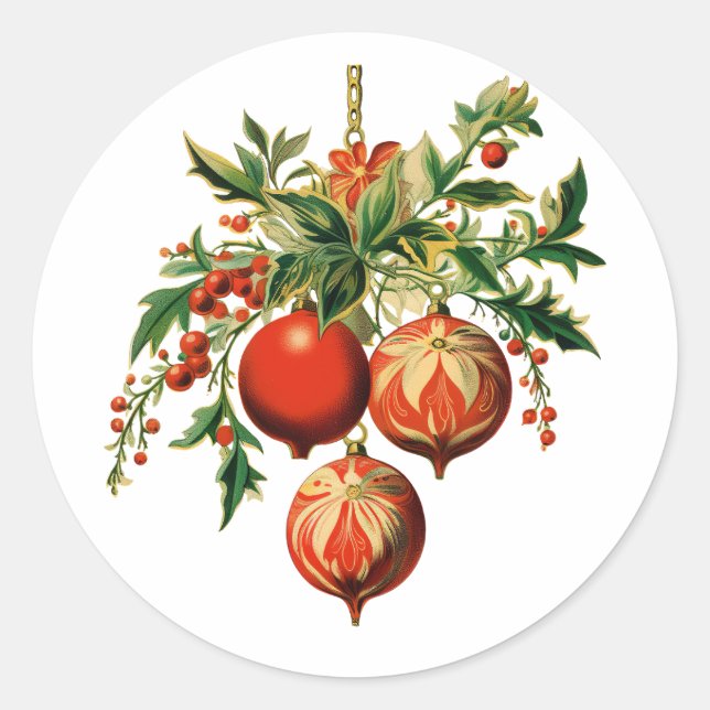 Red Christmas Baubles mit Holly Festivals Runder Aufkleber (Vorderseite)
