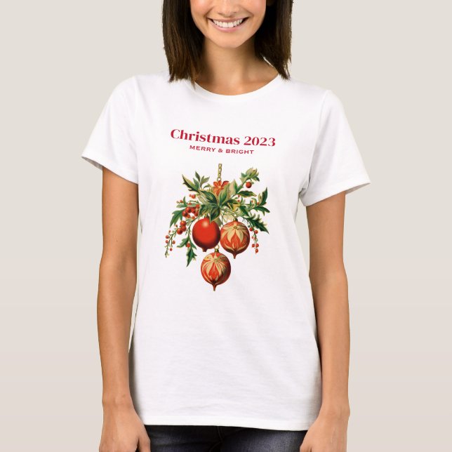 Red Christmas Baubles mit Holly Festivals T-Shirt (Vorderseite)