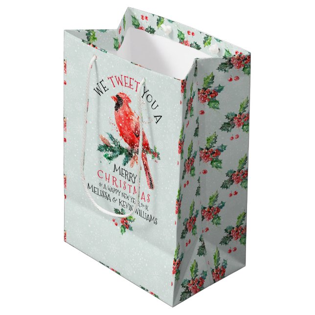 Red Christmas Bird - Wir Tweetete dir frohe Weihna Mittlere Geschenktüte (Vorderseite Schrägansicht)
