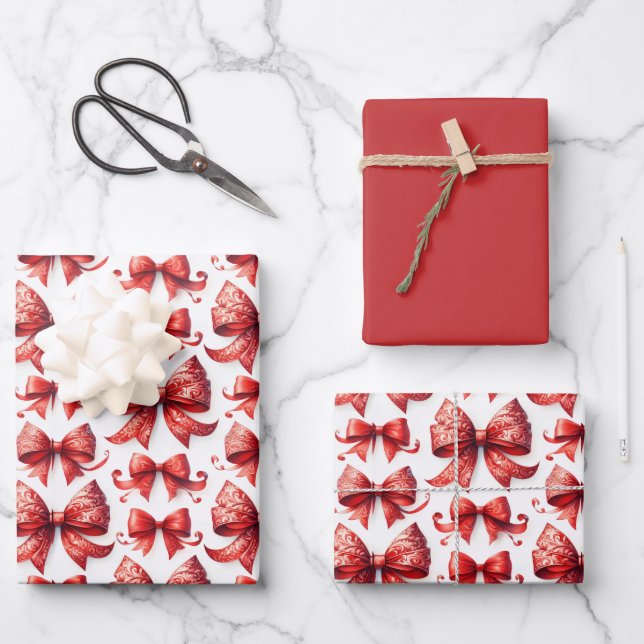 Red Christmas Bows Geschenkpapier Set (Vorderseite)