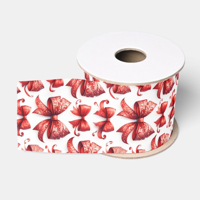 Red Christmas Bows Ripsband (Spule)
