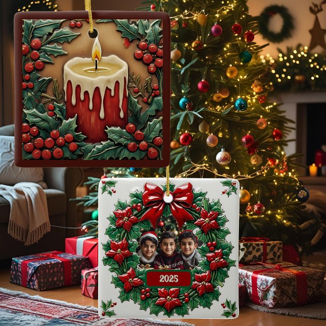 Red Christmas Candle Customizable Square Keramikornament (Von Creator hochgeladen)