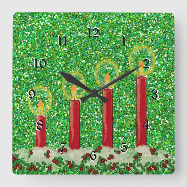 Red Christmas Candles, pretty sparkling design Quadratische Wanduhr (Vorderseite)