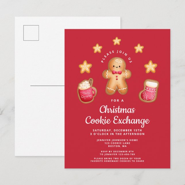 Red Christmas Cookie Exchange Niedlich Gingerbrot  Einladungspostkarte (Vorne/Hinten)