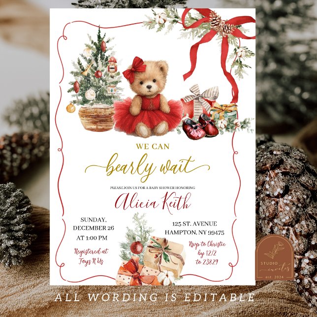 Red Christmas Coquette Bear Girl Baby Shower Einladung (Von Creator hochgeladen)