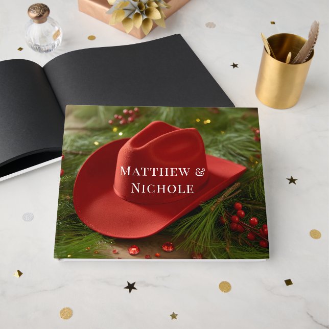 Red Christmas Cowboy Hat Wedding Gästebuch (Vorderseite Offen)