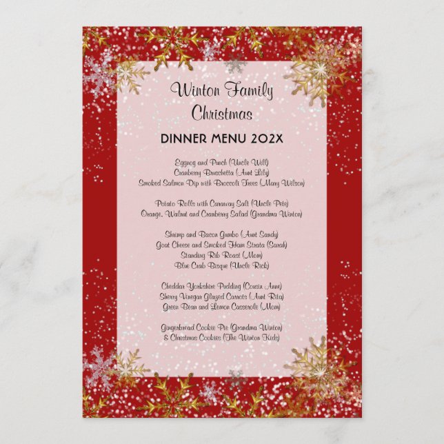 Red Christmas Dinner Menu Gold Snowflics (Devant)