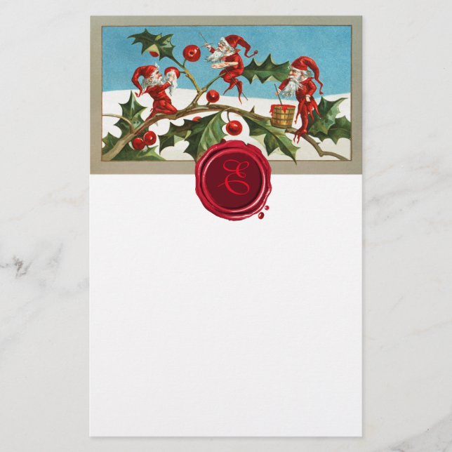 RED CHRISTMAS ELVES,HOLLYBERRIES Wax Siegel Monogr Briefpapier (Vorderseite)
