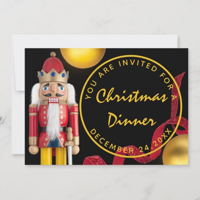 Red Christmas Eve Dinner White gold Nutcracker Einladung (Vorderseite)