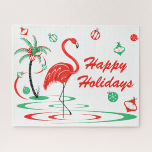 Red Christmas Flamingo Baubles Holidays Puzzle