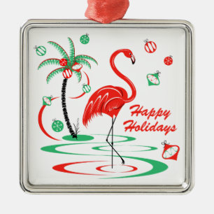Red Christmas Flamingo Baubles Holidays square Ornament Aus Metall