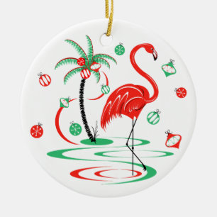 Red Christmas Flamingo Baubles Text Ornament rund
