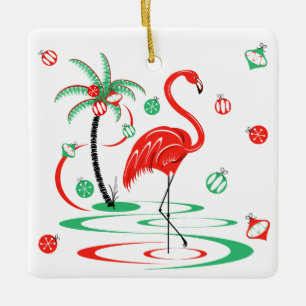 Red Christmas Flamingo Baubles Text Square Keramikornament