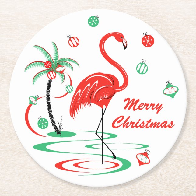 Red Christmas Flamingo Baubles Weihnachtsrunde Runder Pappuntersetzer (Vorderseite)