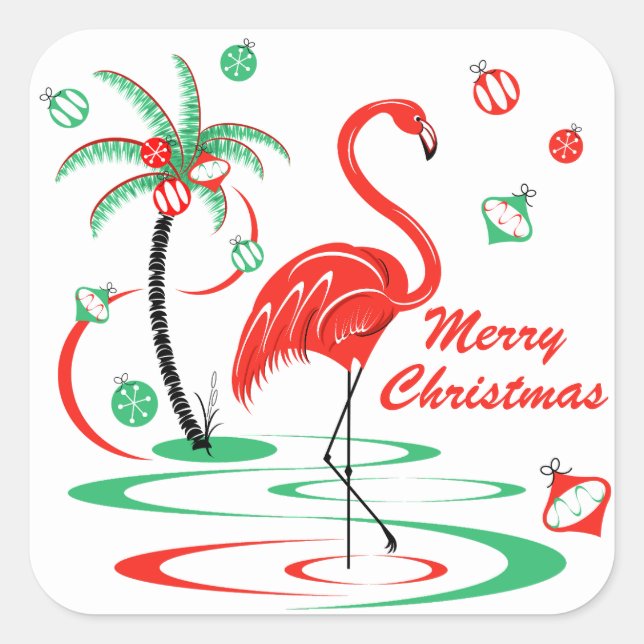 Red Christmas Flamingo Frohe Weihnachtsstadt Quadratischer Aufkleber (Vorderseite)