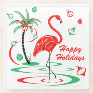 Red Christmas Flamingo Happy Holidays Glas Glasuntersetzer