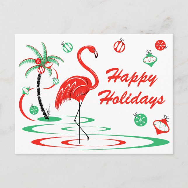 Red Christmas Flamingo Happy Holidays Landschaft Postkarte (Vorderseite)
