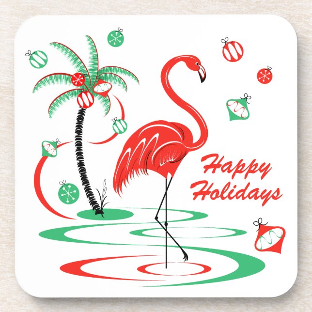 Red Christmas Flamingo Happy Holidays Plastik Getränkeuntersetzer (Vorderseite)