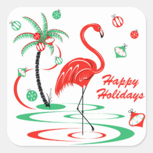Red Christmas Flamingo Happy Holidays Platz Quadratischer Aufkleber
