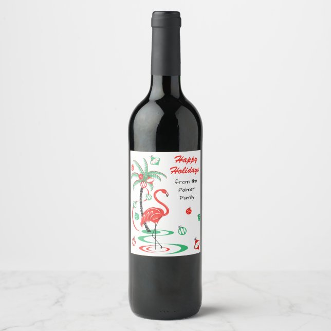 Red Christmas Flamingo Holidays Text Weinlabel Weinetikett (Vorderseite)