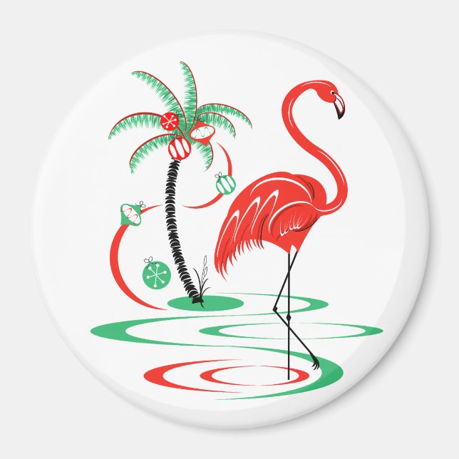 Red Christmas Flamingo Magnet rund (Vorne)