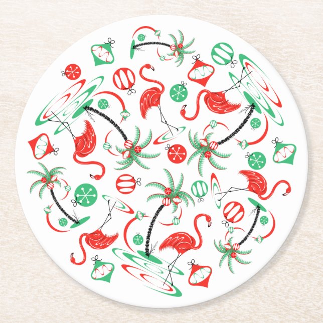 Red Christmas Flamingo Multi round Runder Pappuntersetzer (Vorderseite)